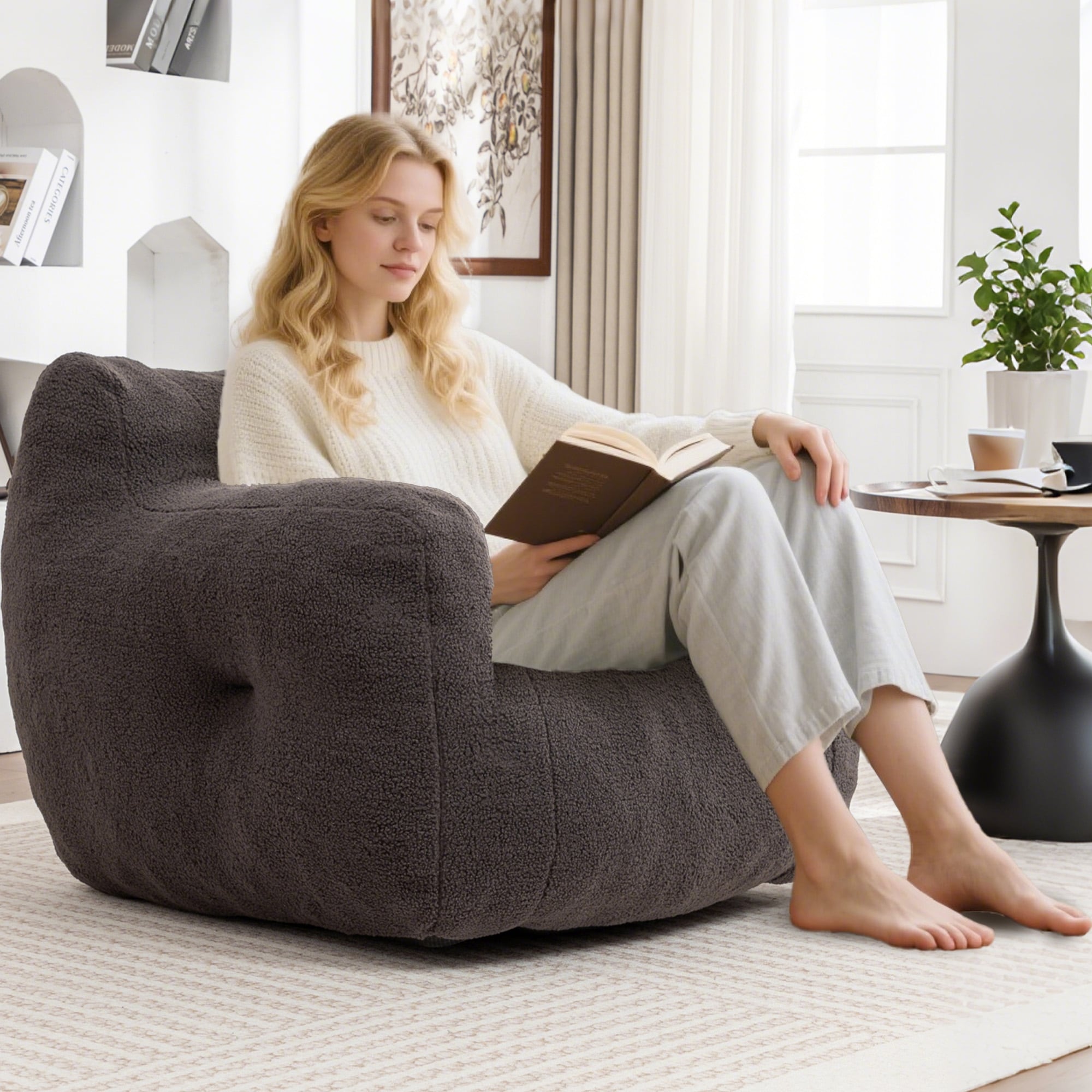 HOMEFUN Teddy Fabric Upholstered High-Density Foam Bean Bag Sofa Chair with Armrests