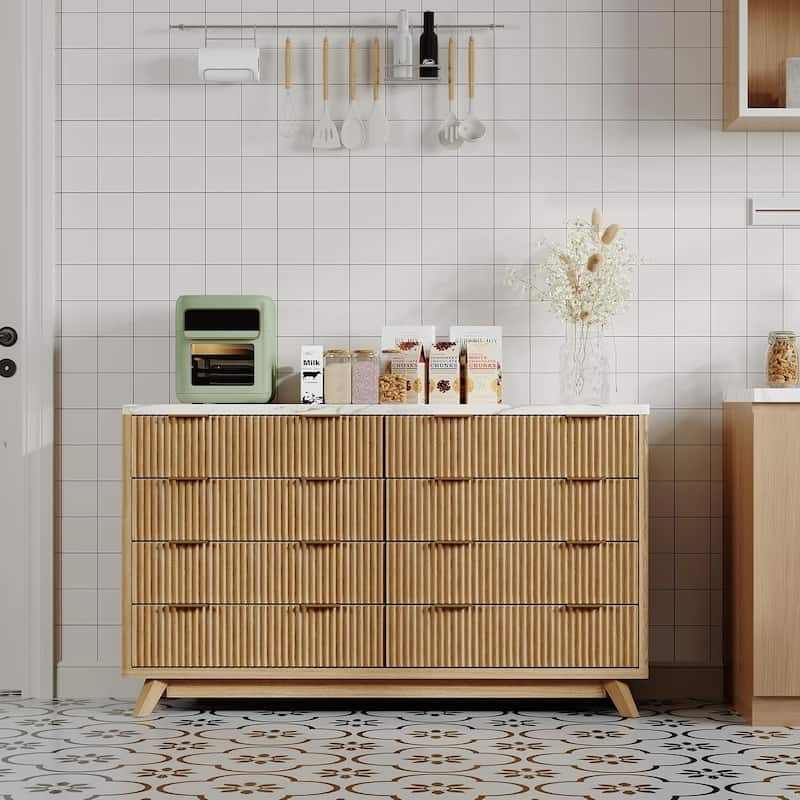 54" Wide Modern Curved Profile Fluted Dresser with 8 Drawers