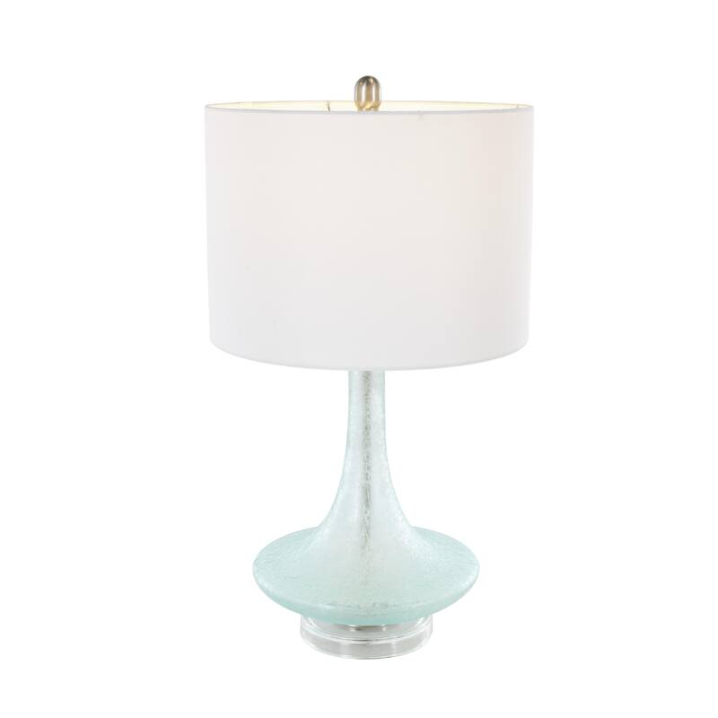 Teal Glass Textured Frosted Round Room Table Lamp with White Drum Shade and Silver Base