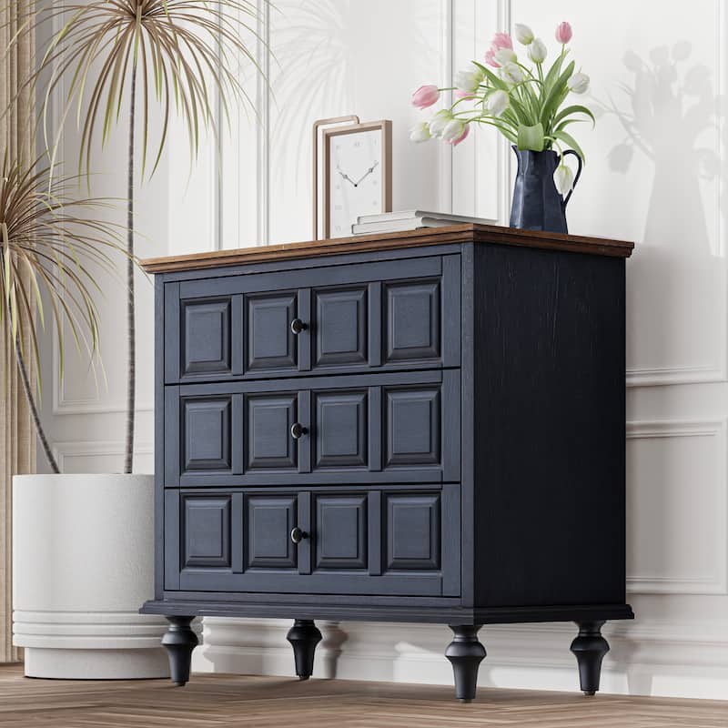 COZAYH Retro 3 Drawer Dresser with Plaid Pattern Front, Rustic Nightstand With Storage Chest For Bedroom, Living Room