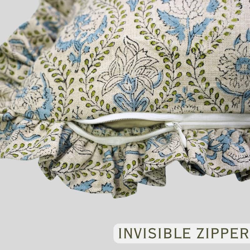 Fabdivine Handmade Block Print Floral Frill Both Side Soft Boho Pure Linen Pillow Cover