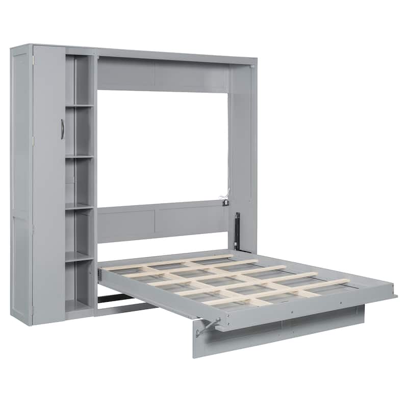 Space-Saving Full Size Wall Bed with Shelves, Wardrobe, and LED Lights in Gray