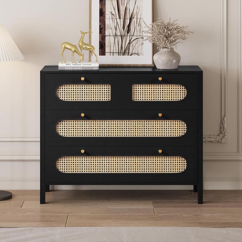 Moasis 4-6-Drawer Dresser Chest Drawer Storage Cabinet Rattan Wood Closet - Black - 4-drawer