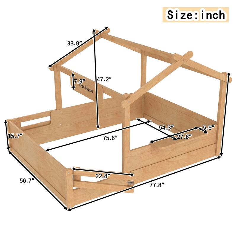 Full Size Floor Bed with Guardrails and Roof, Kids House Floor Bed with a Small Built-in Tray and Free-installed Signboard