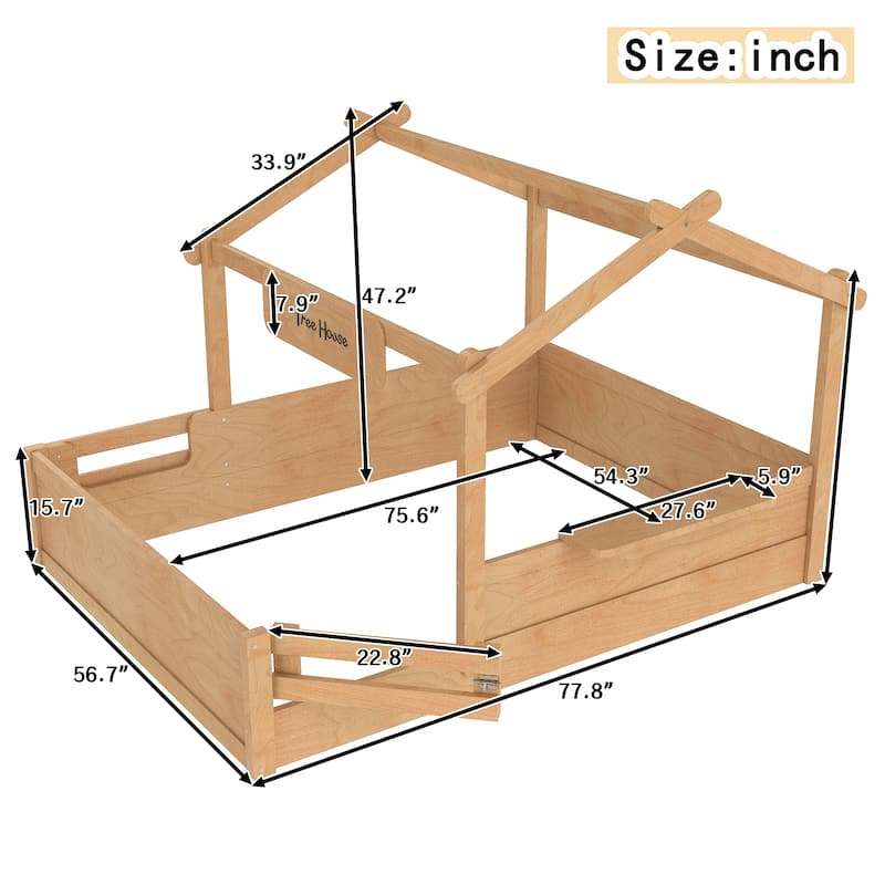 Kids House Floor Bed with Guardrails, Roof & Built-in Tray - Queen/Full/Twin Size, Childlike Design