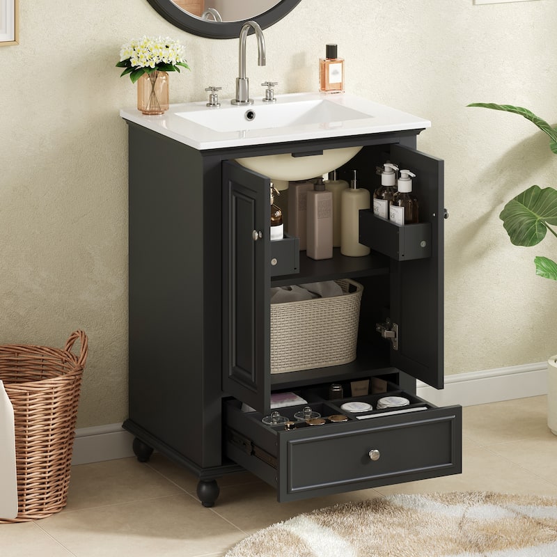 24" Bathroom Vanity with Ceramic Sink, Freestanding Storage Cabinet with Soft-Closing Doors & Drawer Dividers - Black