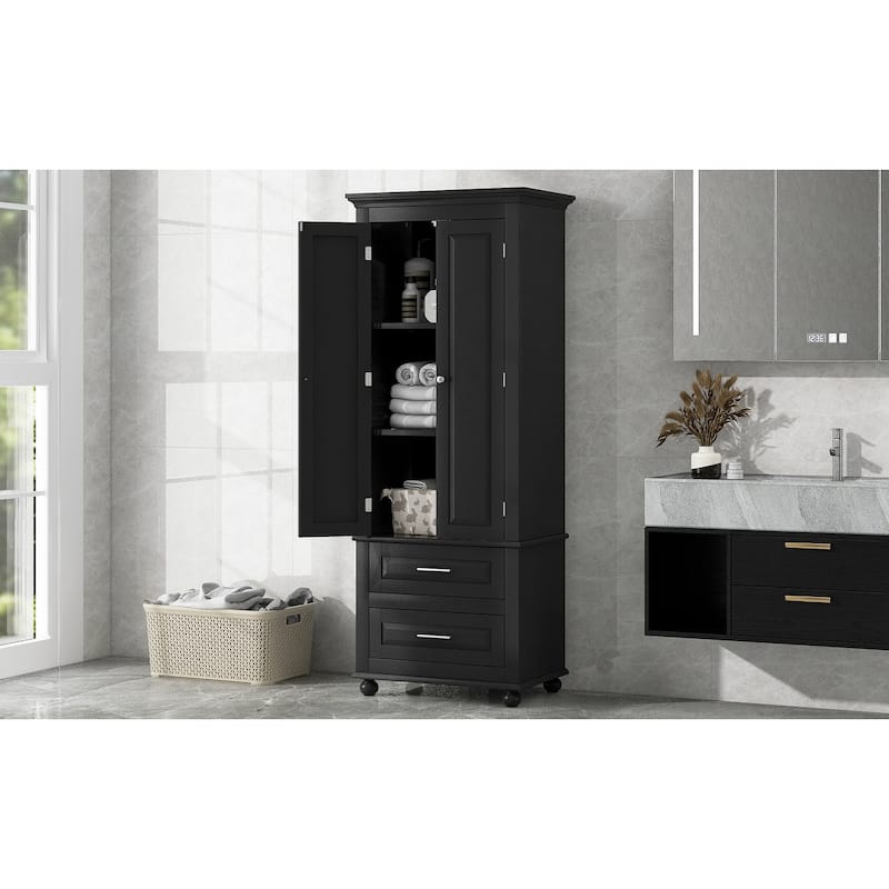 Roomfitters Tall Storage Cabinet with 2 Drawers for Bathroom or Office Freestanding Painted MDF Frame
