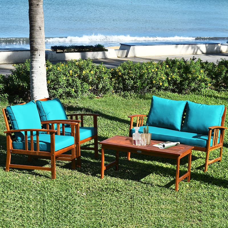 Costway 4PCS Wooden Patio Furniture Set Table Sofa Chair Cushioned