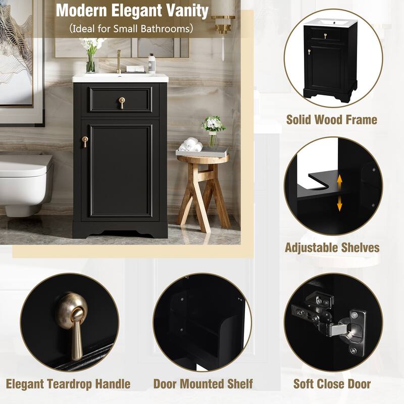 Small Bathroom Vanity with Ceramic Sink, Narrow Bathroom Cabinet with Soft Close Door, Storage Cabinet with Adjustable Shelf