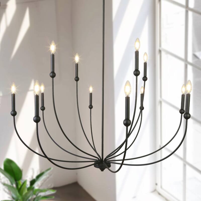 Oriea Mid-Century Modern 2-Tier 12-Light Black Wheel Candle Light for Large Living Dining Room Foyer