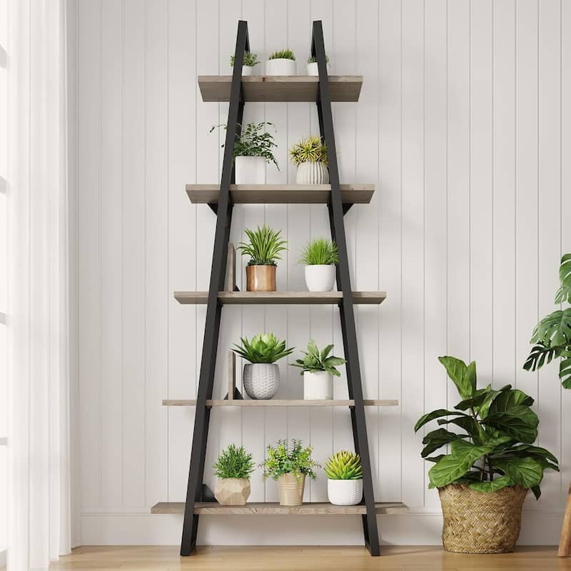 5-Tier Metal Ladder Bookshelf, Rustic Bookcase with Open Display Shelves - LiGht Grey
