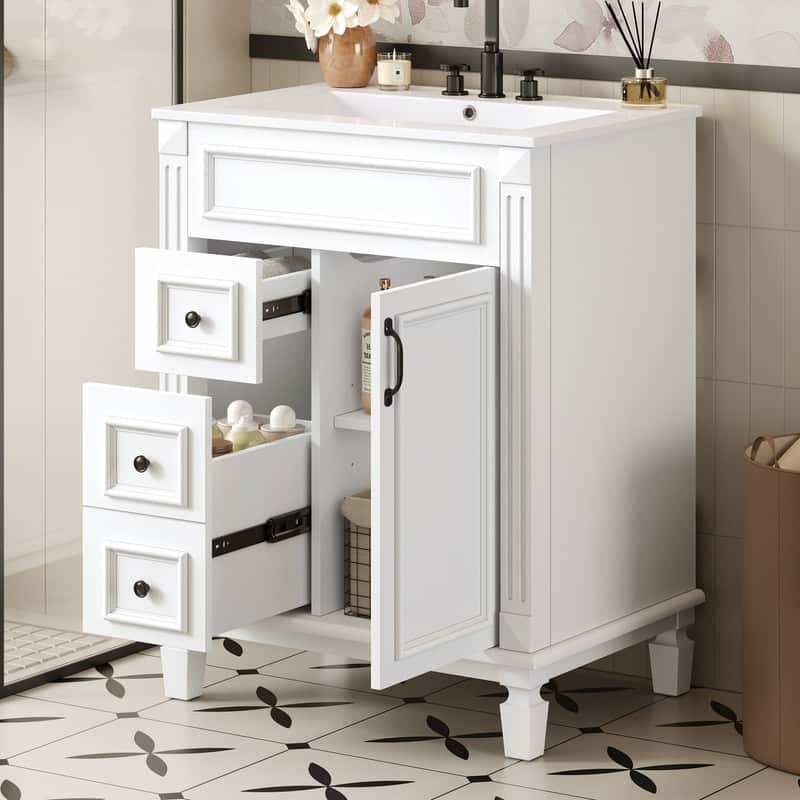 24" Bathroom Vanity with Ceramic Sink, 2 Drawers and Adjustable Shelf - White