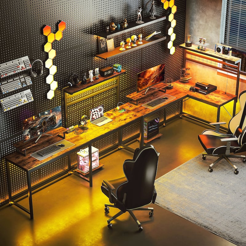 HOMCOM Gaming Desk, 62" L Shaped Desk with Power Outlets & LED Lights, 86" 2 Person Computer Table with Shelf - Brown