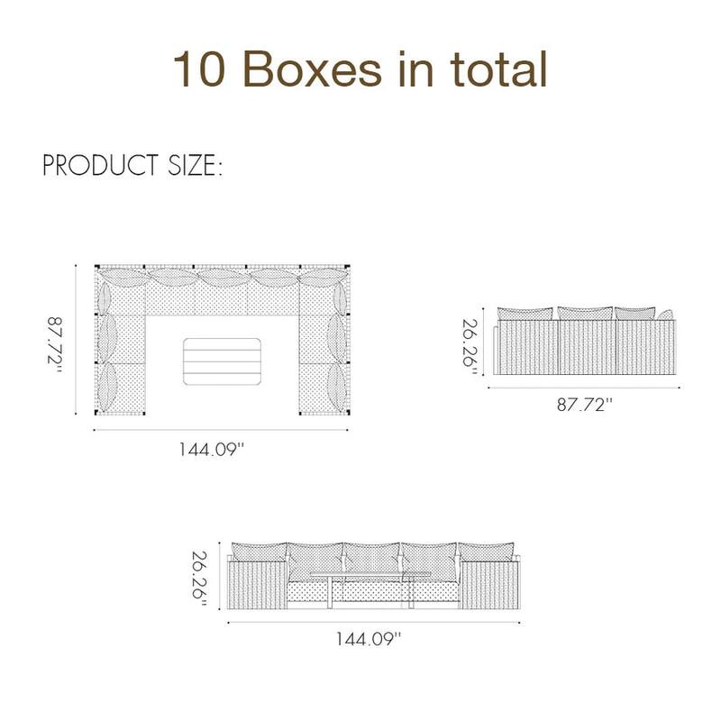 PURPLE LEAF Santorini U-Shaped 10 Piece Khaki Sofa with Ottoman and Cushion for Garden Outdoor Patio Conversation Set