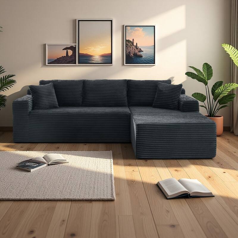103.2" Corduroy L-Shaped Cloud Sectional Sofa with No Assembly Required, Deep-Seat Modular Sleeper - DARK GREY