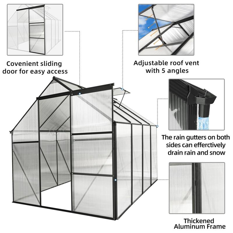 6x8FT Polycarbonate Greenhouse Raised Base and Anchor Aluminum Heavy Duty Walk-in Greenhouses for Outdoor Backyard in All Season