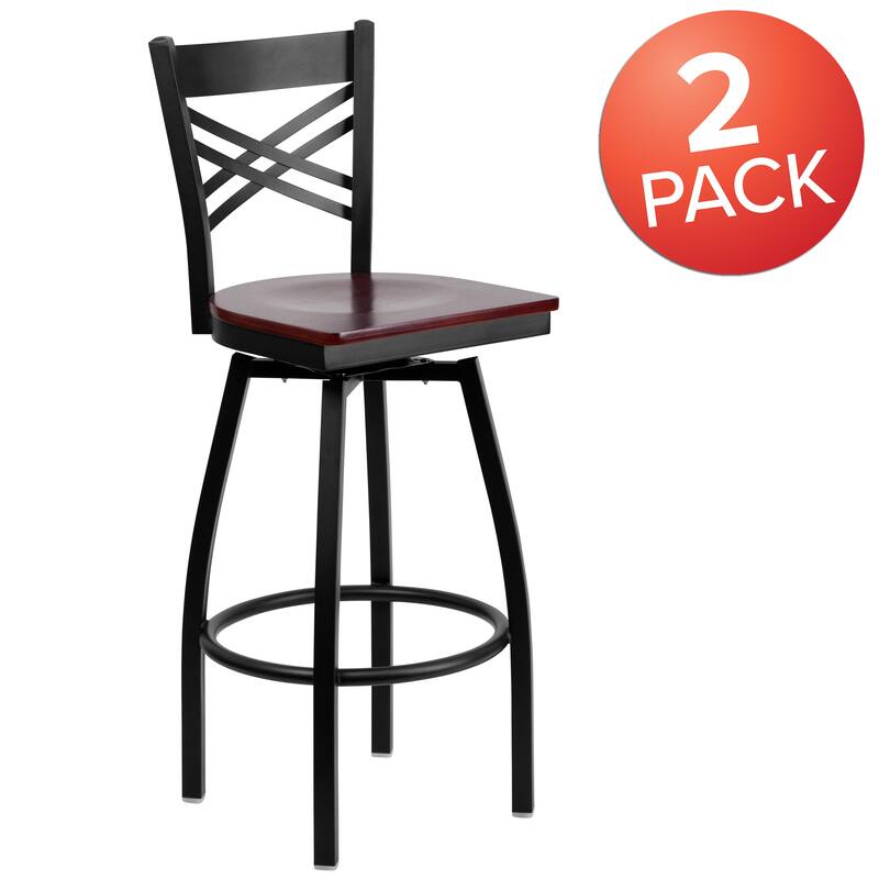 2 Pack ''X'' Back Swivel Metal Barstool - 16.5"W x 20.5"D x 44.5"H - 16.5"W x 20.5"D x 44.5"H - Mahogany Wood Seat/ Black Metal Frame
