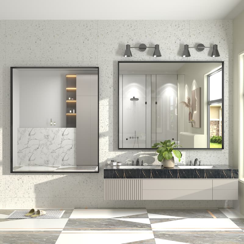 Full Size Metal Frame Wall Mirror Black Tempered Glass for Bathroom