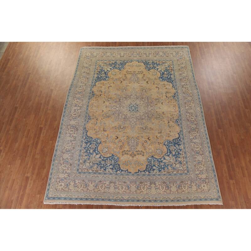 Hand Knotted Oriental 100% Wool Carpet Traditional Floral Yellow & Gold Mashad Area Rug - 12' 8'' X 9' 7''