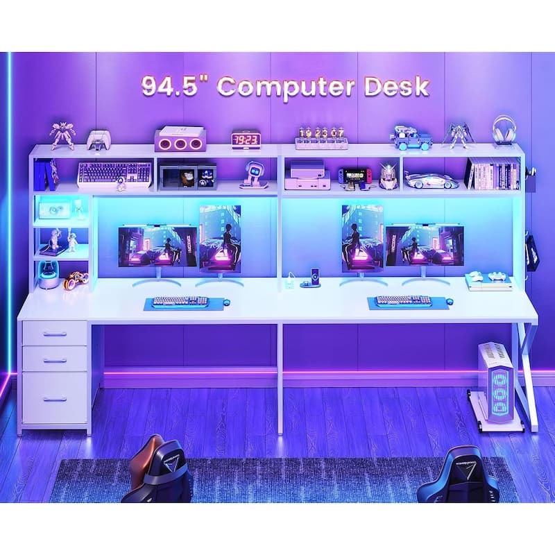 L Shaped Gaming Desk with Storage Shelves and Hutch Computer Desk 3 Drawers