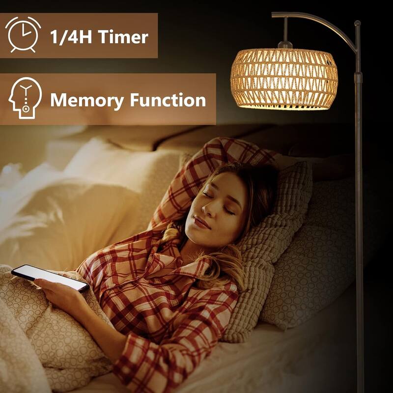 Arc Floor Lamp with Remote Control,Dimmable LED Lamp with 3 Color Temperature,Standing Lamp with Rattan & Fabric Drum Shade