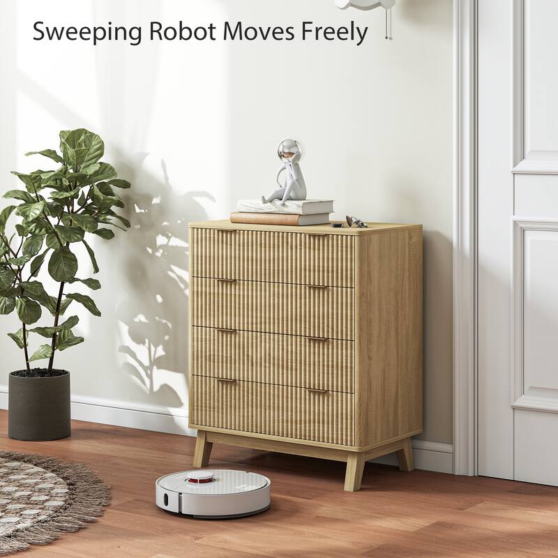 HOMCOM Fluted Dresser for Bedroom with 4 Drawers, 28" Wide Chest of Drawers with Gold Finger Pulls and 4 Wood Legs, Natural Wood