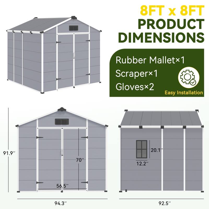 EROMMY Outdoor Storage Shed with Built-In Floor, Lockable Double Doors & Sloped Roof, Gray/Black