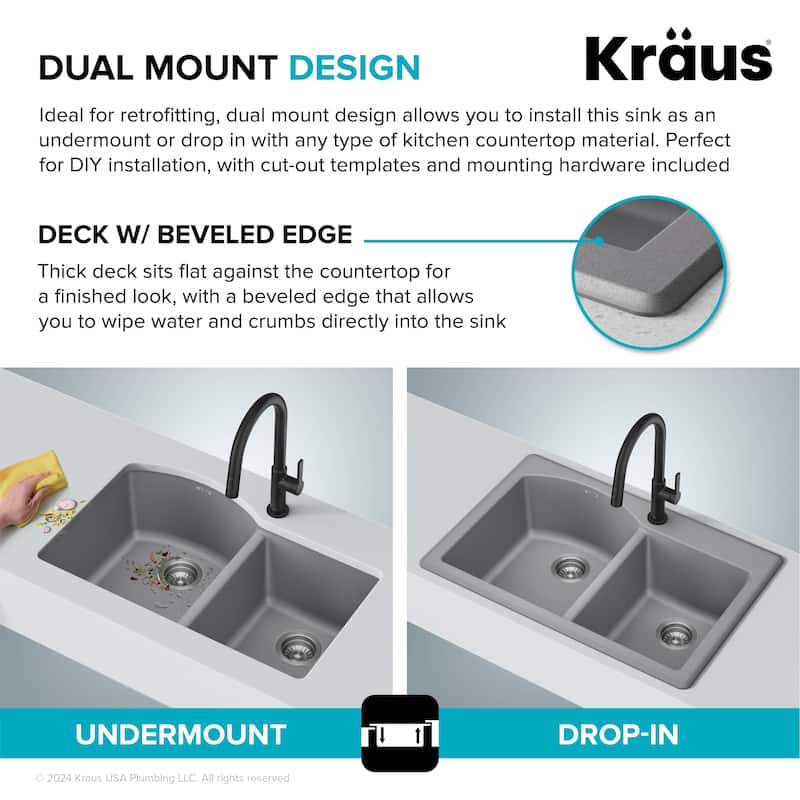 KRAUS Forteza Granite 33 inch 60/40 Undermount Drop-in Kitchen Sink