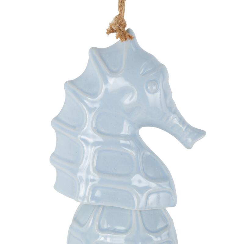 Blue Ceramic Sea Horse Indoor Outdoor Windchime with Brown Rope