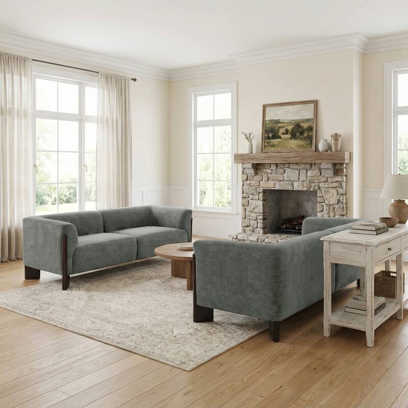 2 Set Modern Deep Seat Tuxedo Arms Sofa Loveseat