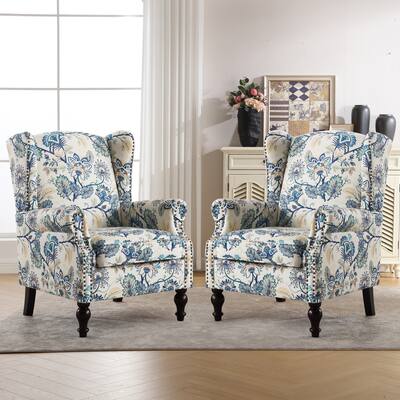 HOMYKA 29'' Wide Floral Pattern Wingback Accent Armchair with Nailhead Trim Set of 2