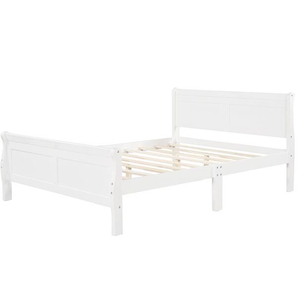White Queen Size Wooden Platform Bed with Headboard and Slat Support On Sale Bed Bath