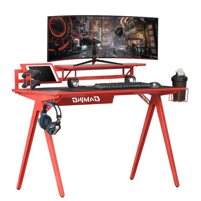 HOMCOM Gaming Desk Workstation with Monitor Shelf, Gamepad Rack, Cup Holder, Headphone Hook, and Cable Basket, Red