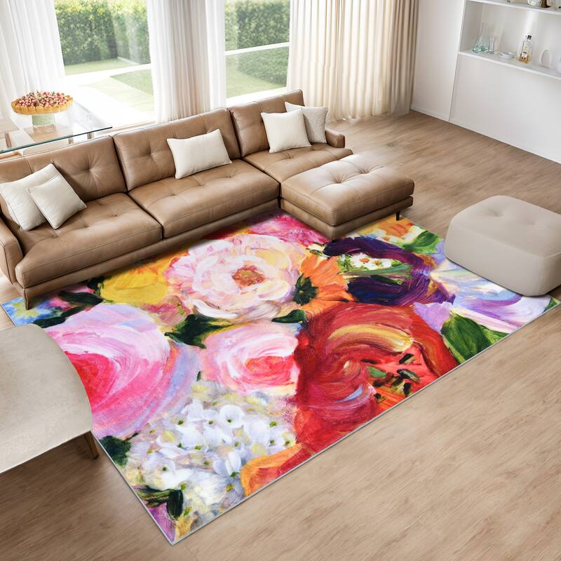 Yellow and Violet I, Hand Washable Flowers Art Area Rug, power-loomed, 100% polyester, 2mm pile, non-slipping back