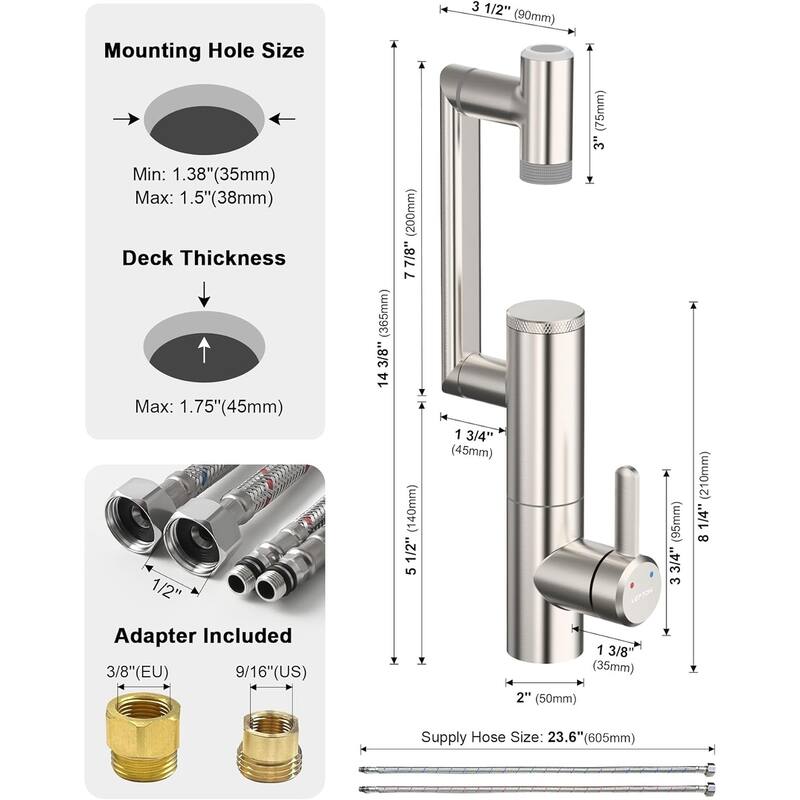 Lefton Rotatable Single Hole Bathroom Sink Faucet with Built-in Filter, Temperature Display in Fahrenheit, 2 Water Modes