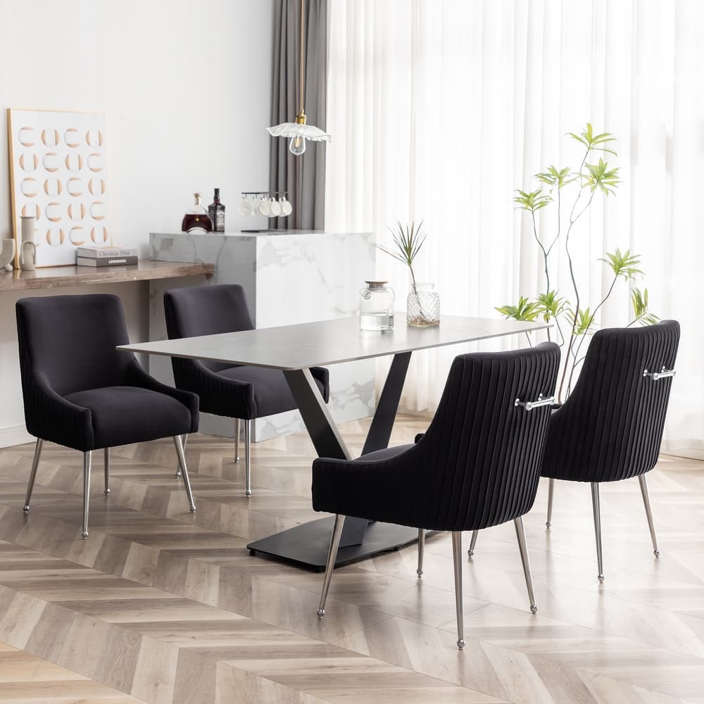 SEYNAR Modern Velvet Pleated Finish Back Dining Chair Set of 4 with Rear Handle