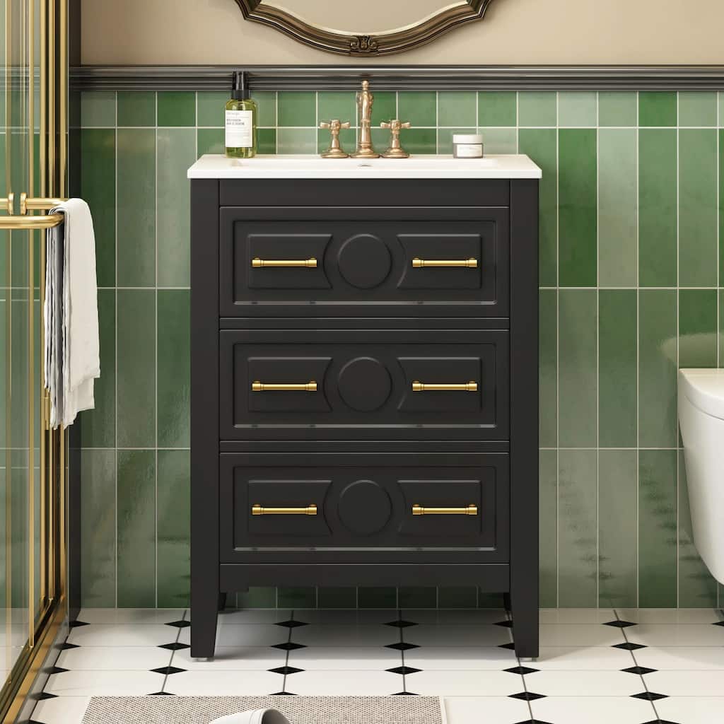 24" Bathroom Vanity with Ceramic Sink Combo, Free-Standing Single Vanity Set with 3 Drawers