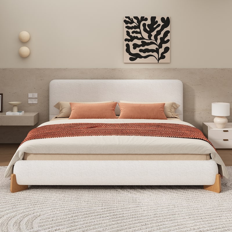 Elegant Boucle Upholstered Bed, A Luxurious and Comfortable Bedroom Centerpiece, King Size, White