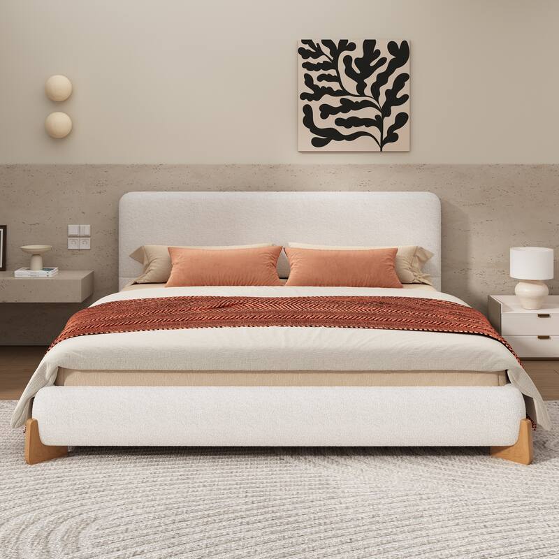 Upholstered Bed Low Platform Bed Frame, White Boucle