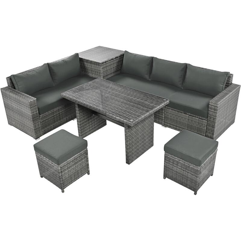 Outdoor 6 Piece All Weather PE Rattan Conversation Set Garden Patio Wicker Sectional Sofa Set with Adjustable Seat and Storage - Grey