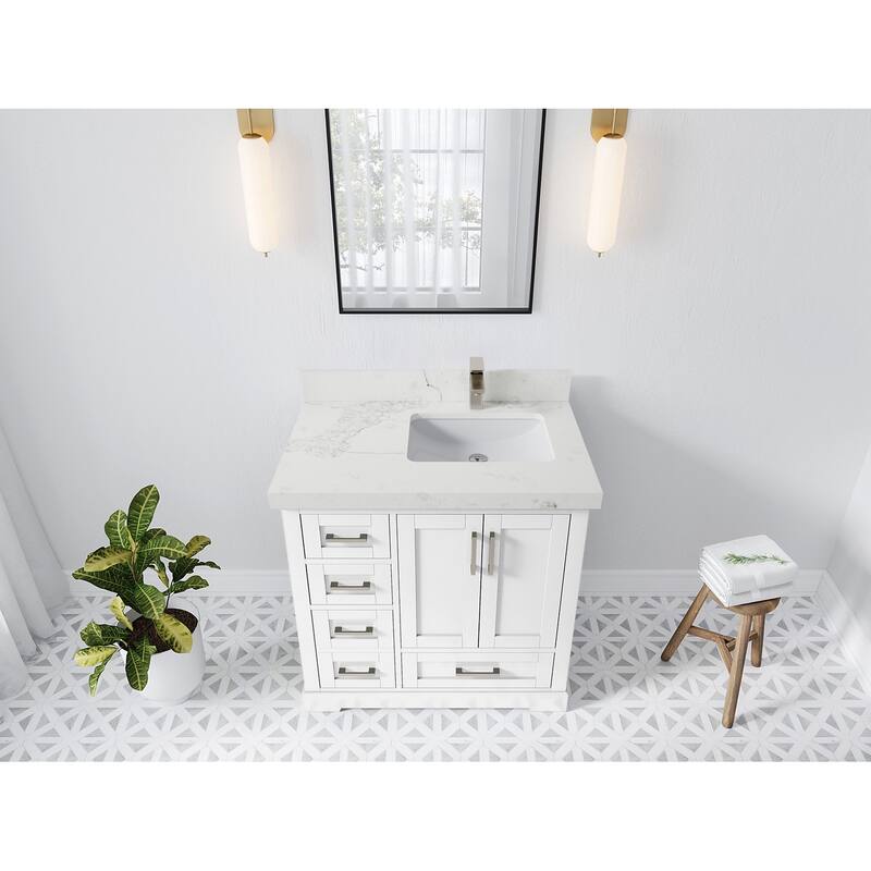Willow Collections 36 x 22 Boston Right Offset Sink Bathroom Vanity with Quartz or Marble Countertop - 2"Calacatta Nuvo - White