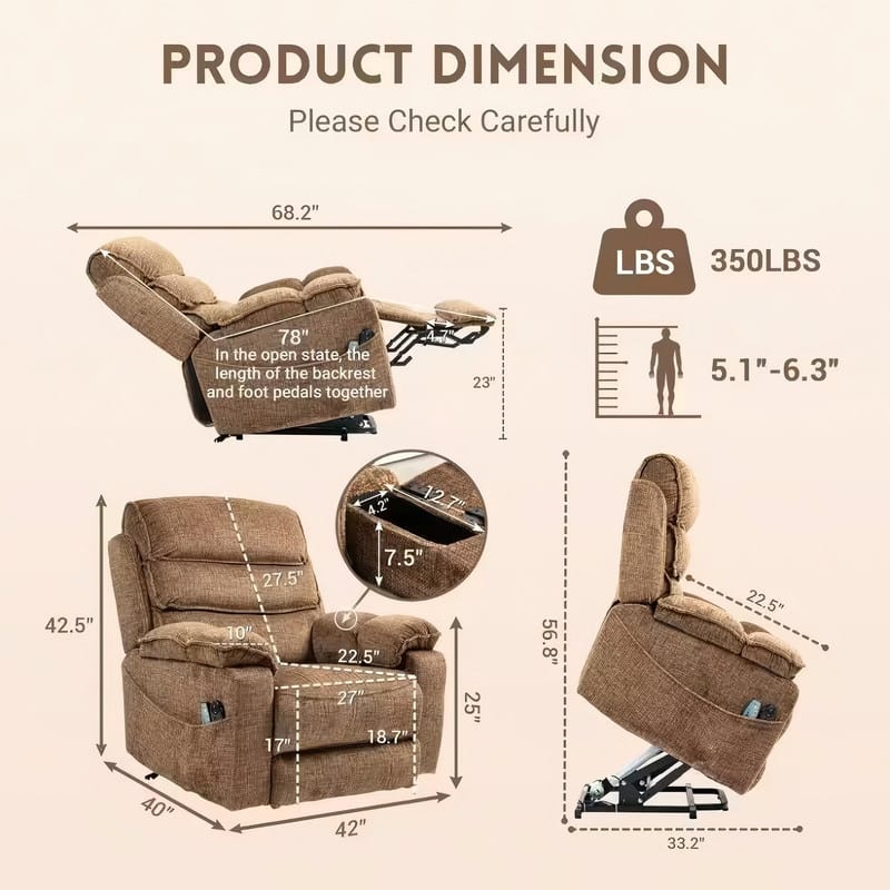 Extended Footrest Comfort Chenille Power Lift Recliner with Massage and Heat