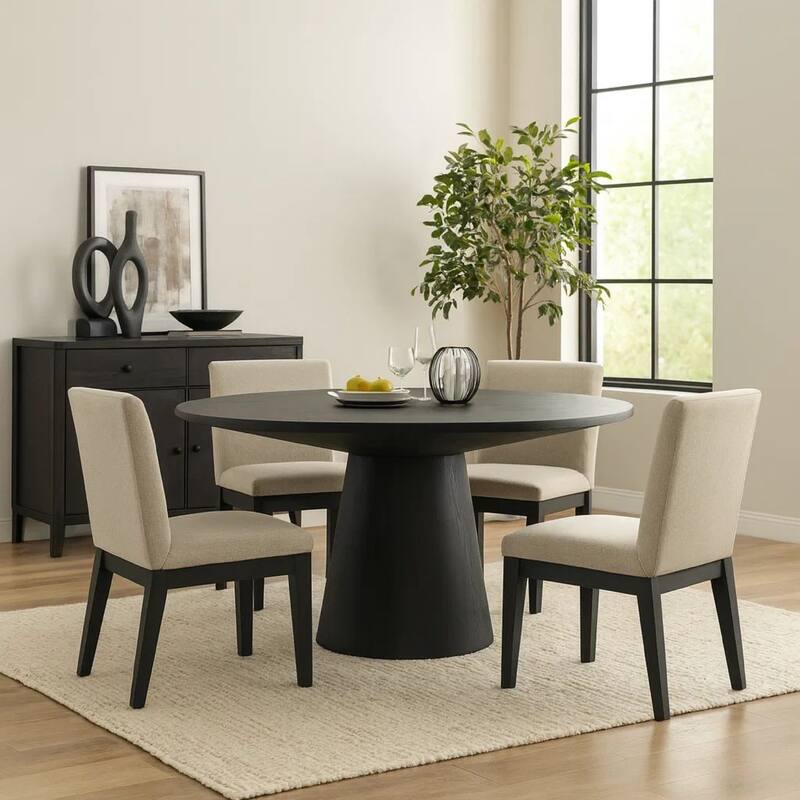 Kiy 5pc Black Dining Table Set with 4 Ergonomic Chairs, Beige Upholstery