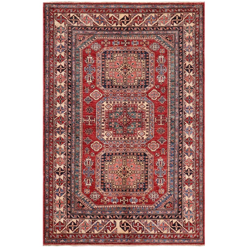 Rustic Super Kazak Zara Red/Beige Hand Knotted Wool Rug - 4'9'' x 6'5''