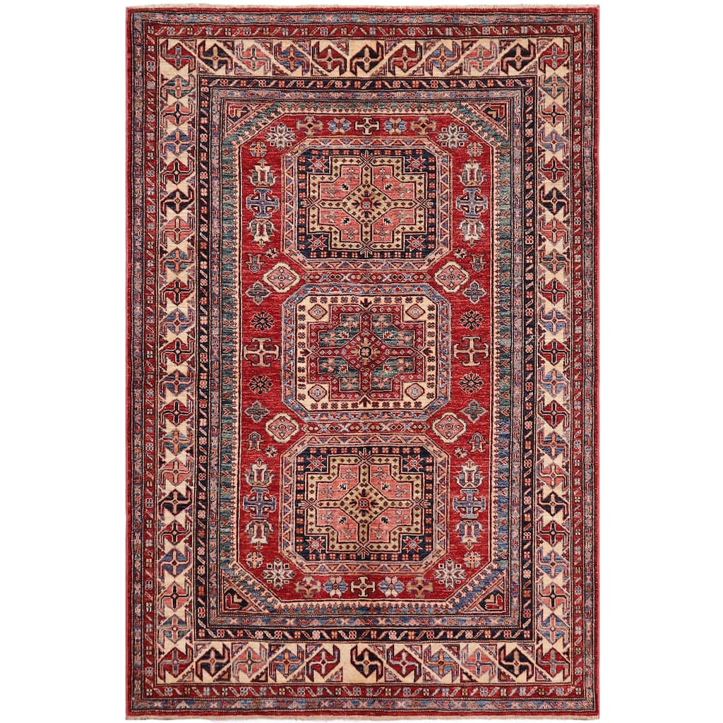 Rustic Super Kazak Zara Red/Beige Hand Knotted Wool Rug - 4'9'' x 6'5''