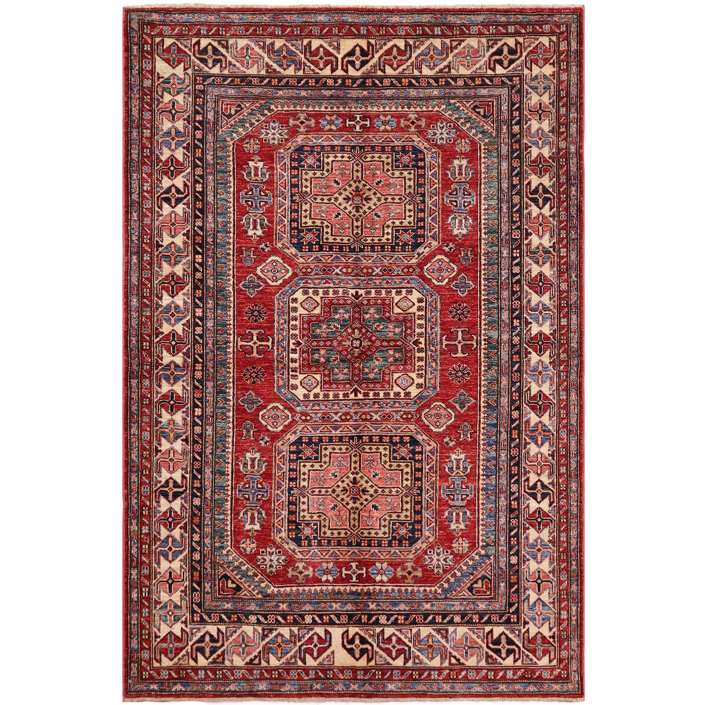 Rustic Super Kazak Zara Red/Beige Hand Knotted Wool Rug - 4'9'' x 6'5''