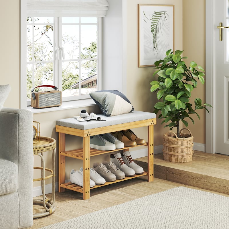 Bamboo Shoe Bench,3-Tier Shoe Rack,Entryway Bench with Cushion and Adjustable Shelves,Shoe Rack for Entryway,Living Room