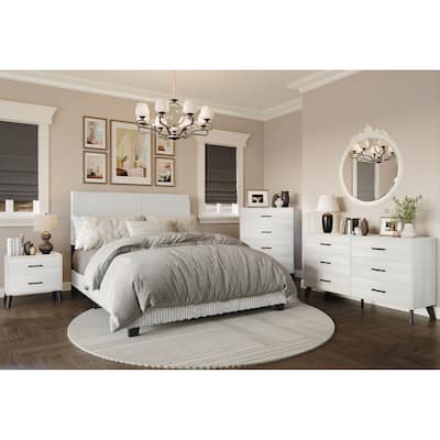 CraftPorch Corduroy 4-pieces Mid-Century Modern White Bed with Light Grey Furniture Bedroom Set