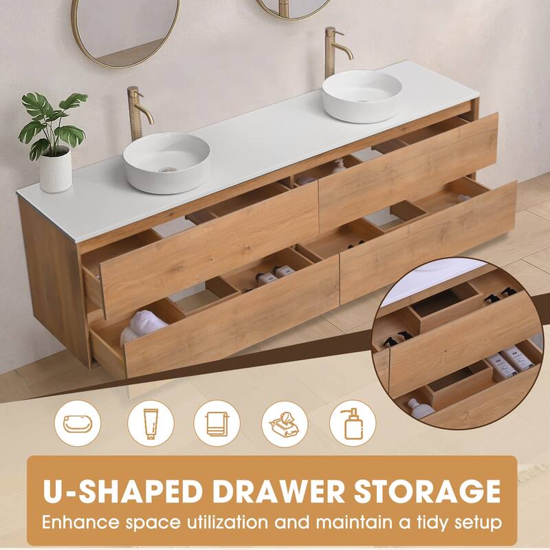 84" Floating Bathroom Vanity Quartz Counter Top with Double Ceramic Vessel Sink