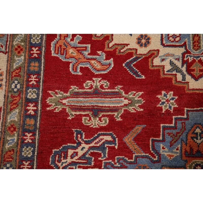 Red Geometric Kazak Area Rug Hand-Knotted Traditional Wool Carpet - 4'10" x 6'9"